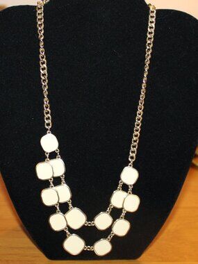 Cream Gold Geometric Tile Bib Necklace 18 Inch Chunky Boho Costume Jewelry
